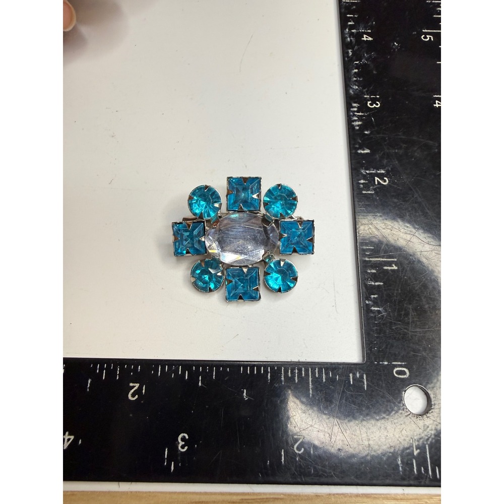 Vintage Silver Tone Blue Rhinestone Cluster Brooch Pin Oval Square Round Stones